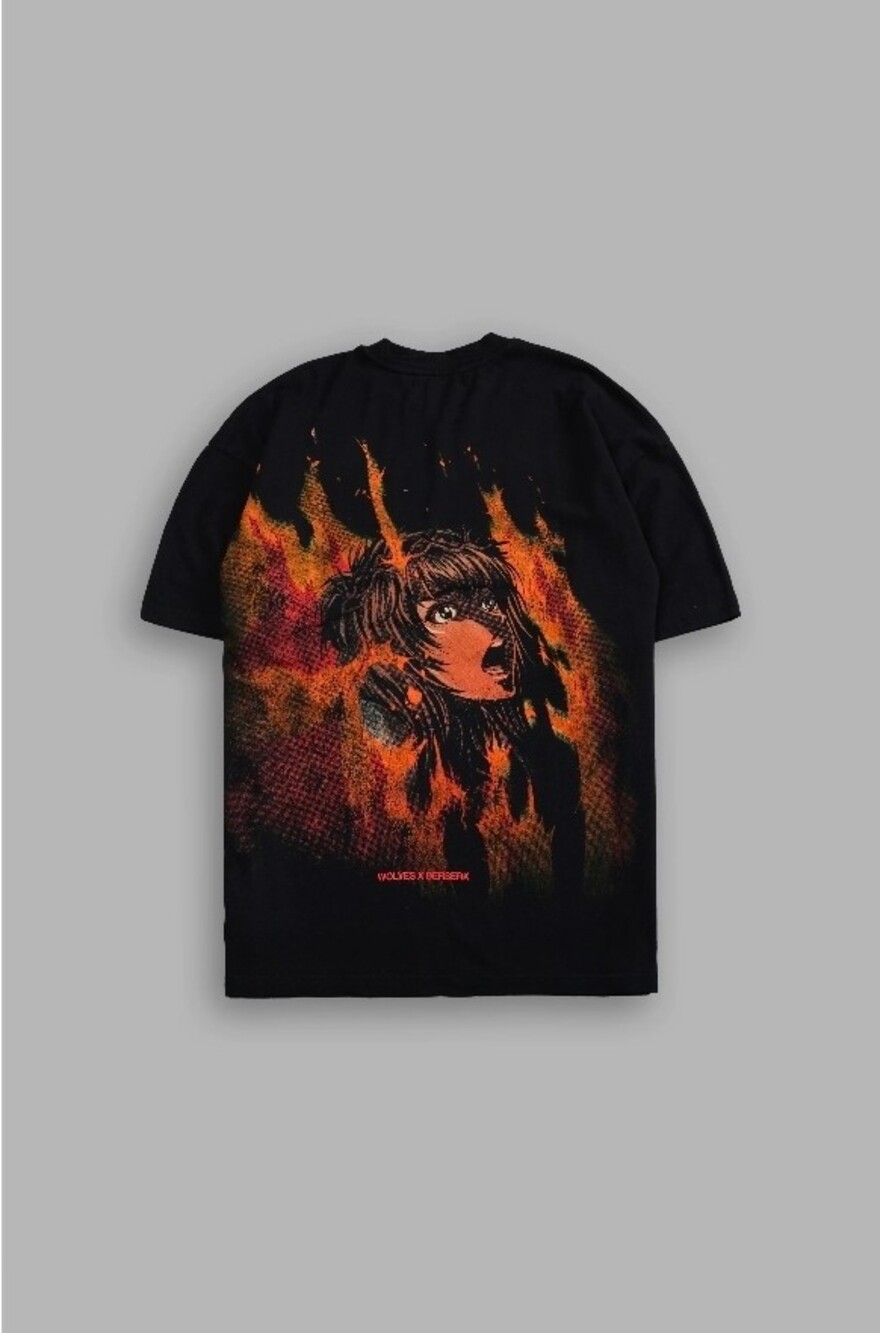 DarcSport x Bezerk Casca "Premium" Tee featuring a fiery graphic of Casca from B